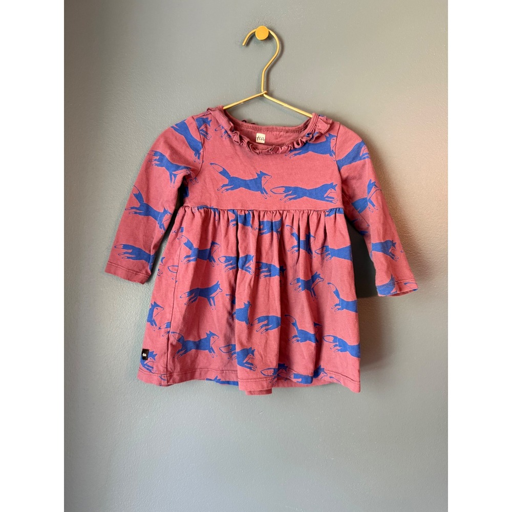 Tea Collection Baby Girls purple Blue Fox Print Ruffle Neck Cotton Dress 12-18M